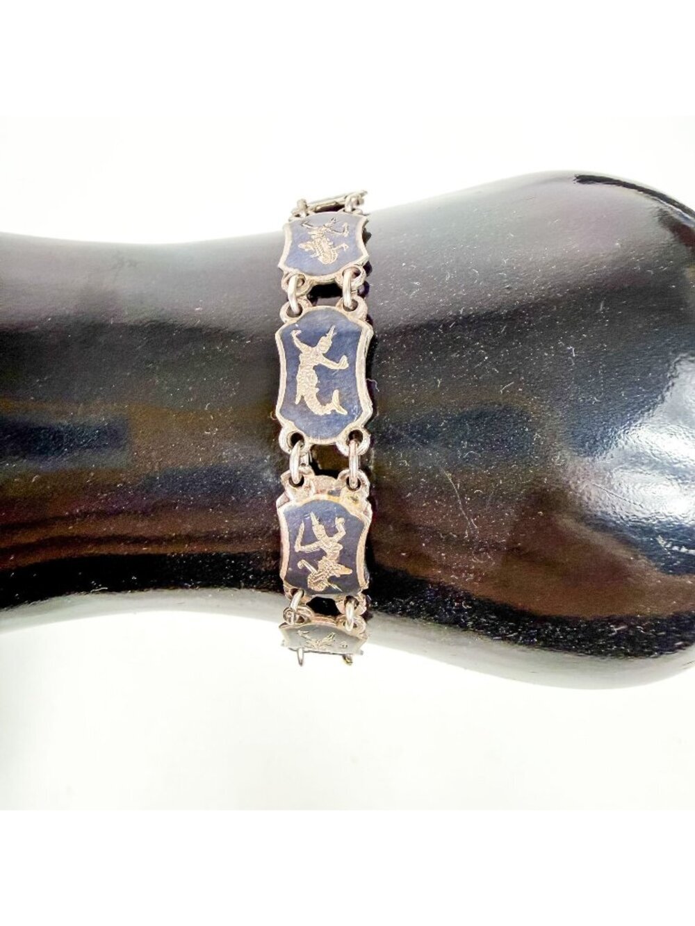 Vintage Siam Sterling Silver Dancers Niello 10 Panel Bracelet